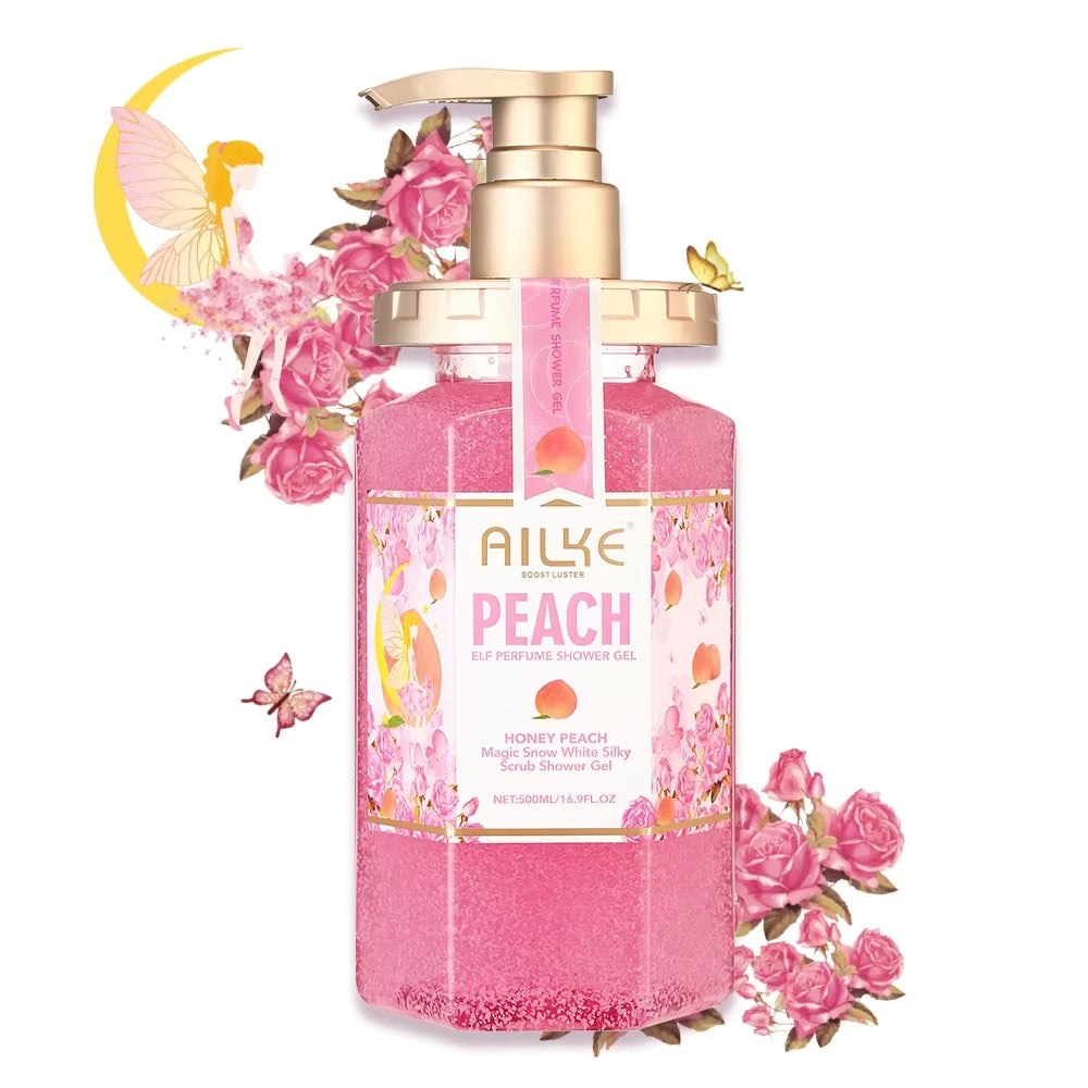 AILKE Peach Shower Gel Women Body Wash Care Best Moisturizing Exfoliating Brightening Scrub Fragrant Shampoo Bath Foam Female