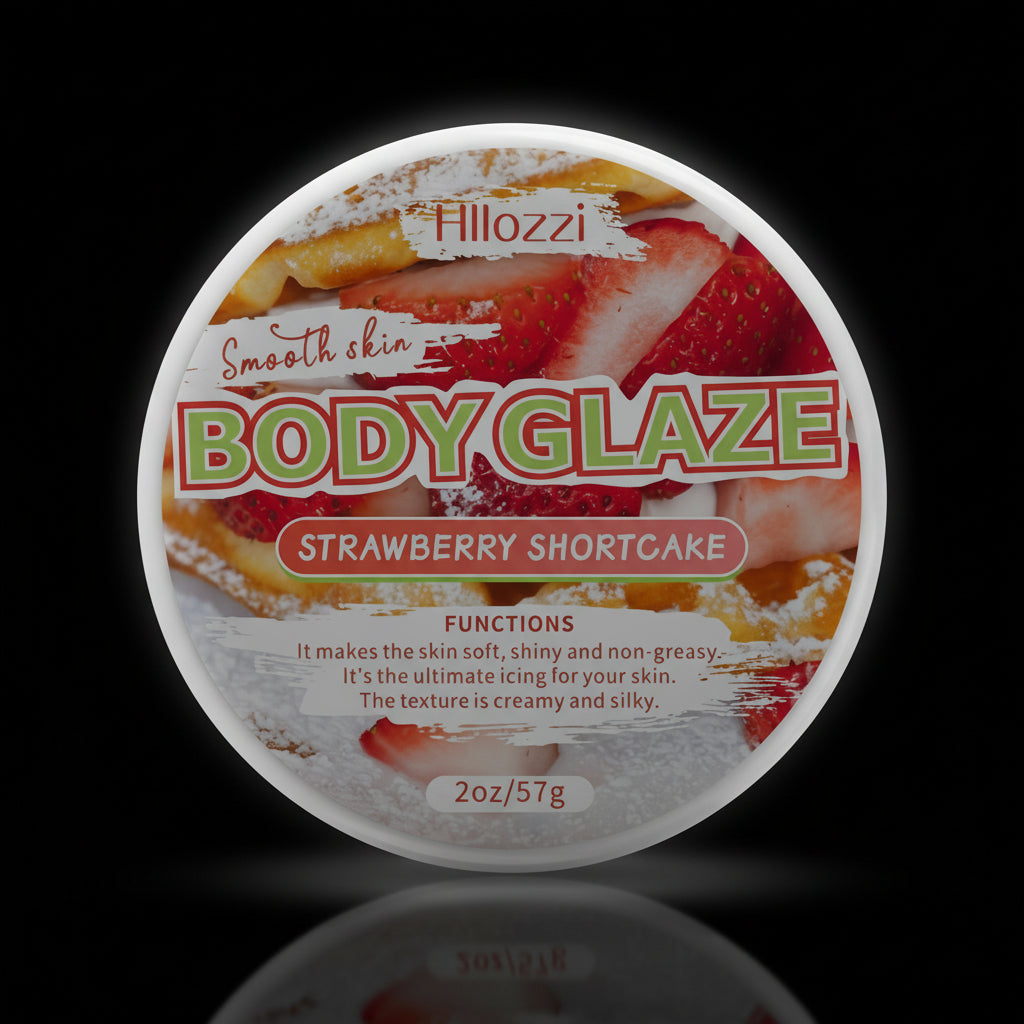 Product packaging and bottle for Strawberry Cake Body Glaze & Oil with strawberry imagery and text indicating moisturizing properties.