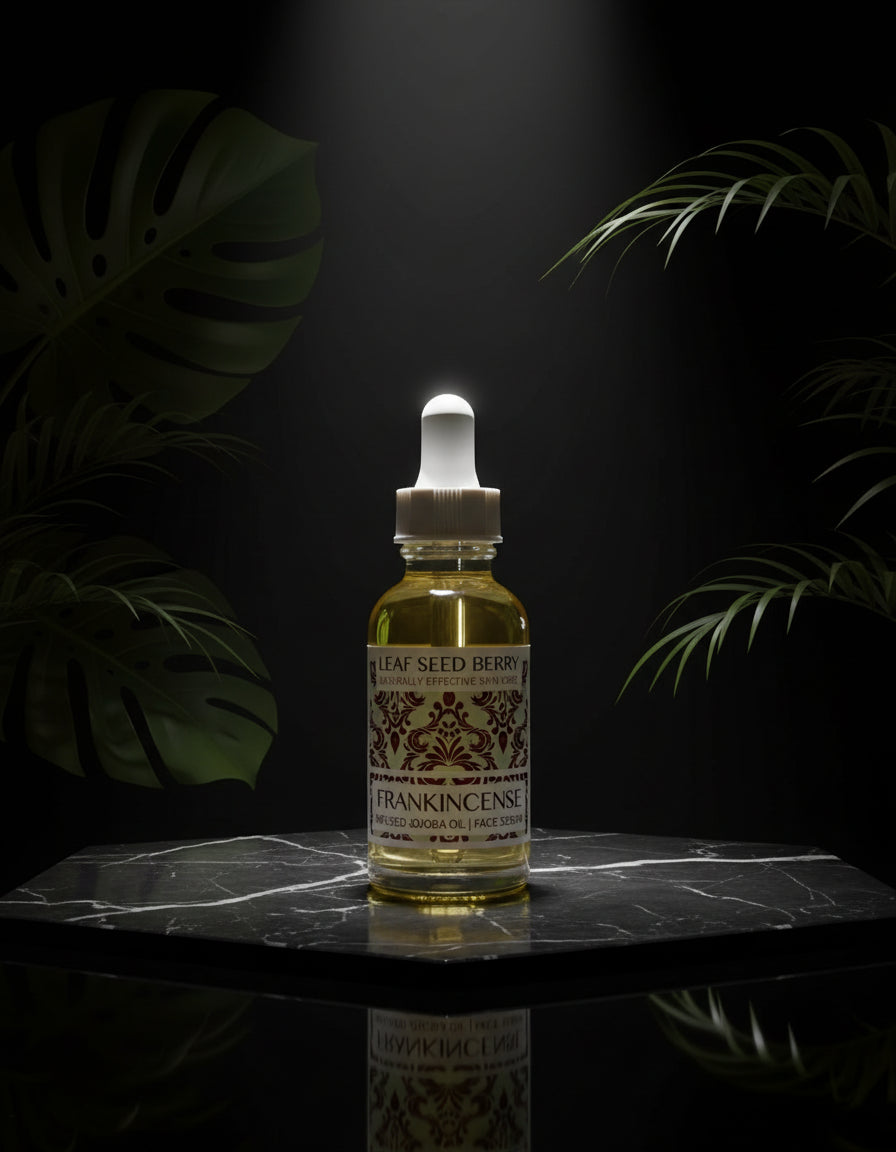 A hand holding a small dropper bottle of Frankincense Infused Jojoba Oil face serum, with a green plant in the background.
