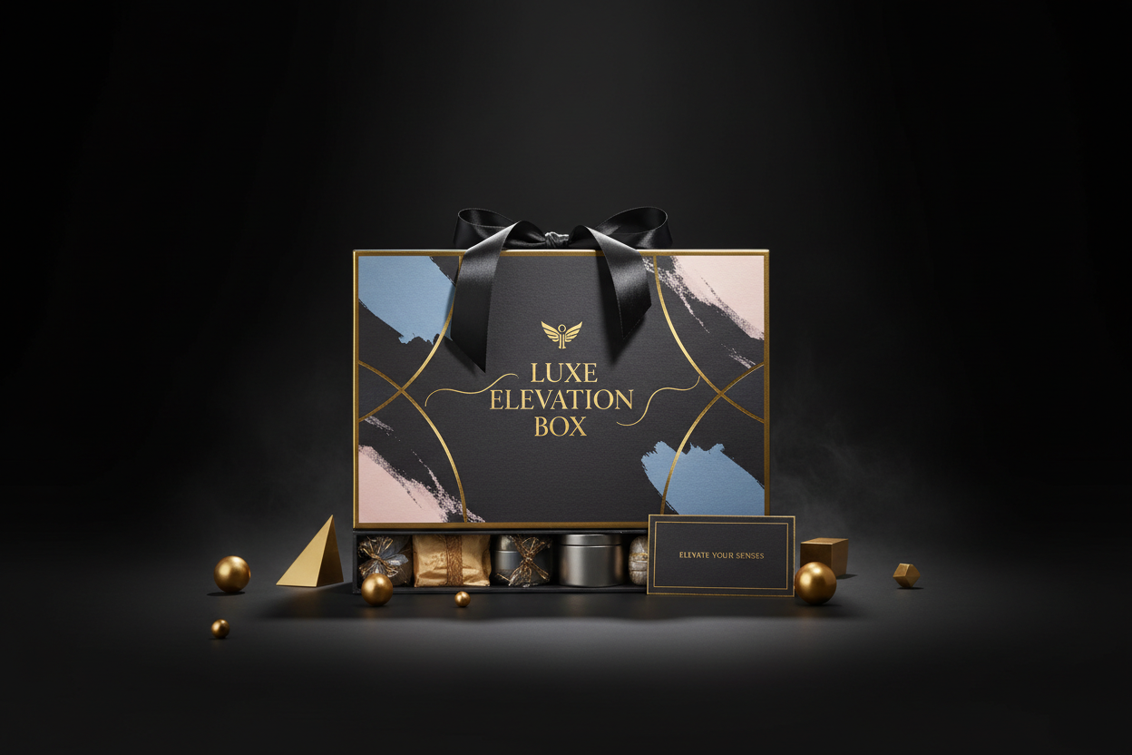 luxury / powder Blue blush / gold / dark aesthetic branding. Mystery box name: Luxe Elevation Box | Mystery Box unisex variant