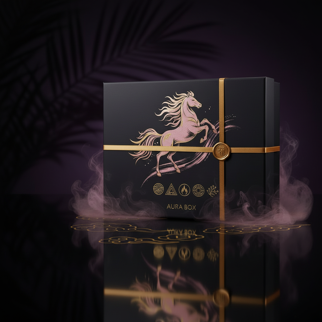luxury / powder pink blush / gold / dark aesthetic branding. feng shui/ Mystery box name: Year of the Fire Horse. dont show the products. its a mystery box