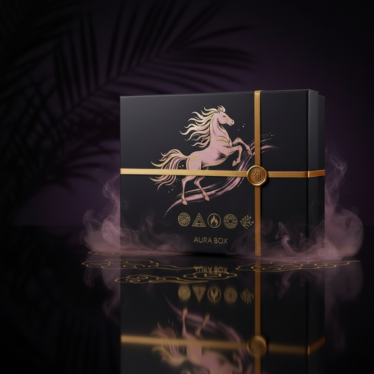 luxury / powder pink blush / gold / dark aesthetic branding. feng shui/ Mystery box name: Year of the Fire Horse. dont show the products. its a mystery box