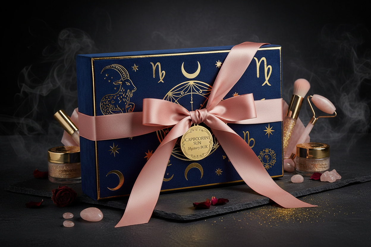 luxury / powder pink blush / gold / dark aesthetic branding. Mystery box name:CAPRICORN SUN | Mystery BOX