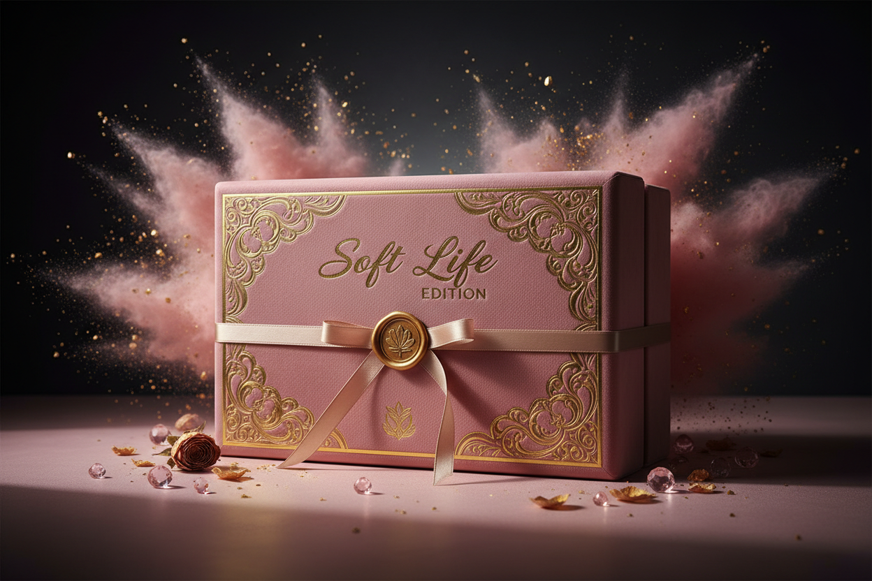 luxury / powder pink blush / gold / dark aesthetic branding. Mystery box name: Soft Life Edition