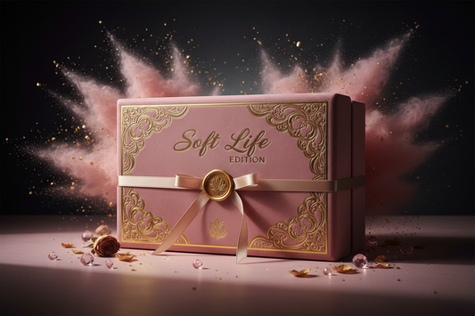 luxury / powder pink blush / gold / dark aesthetic branding. Mystery box name: Soft Life Edition