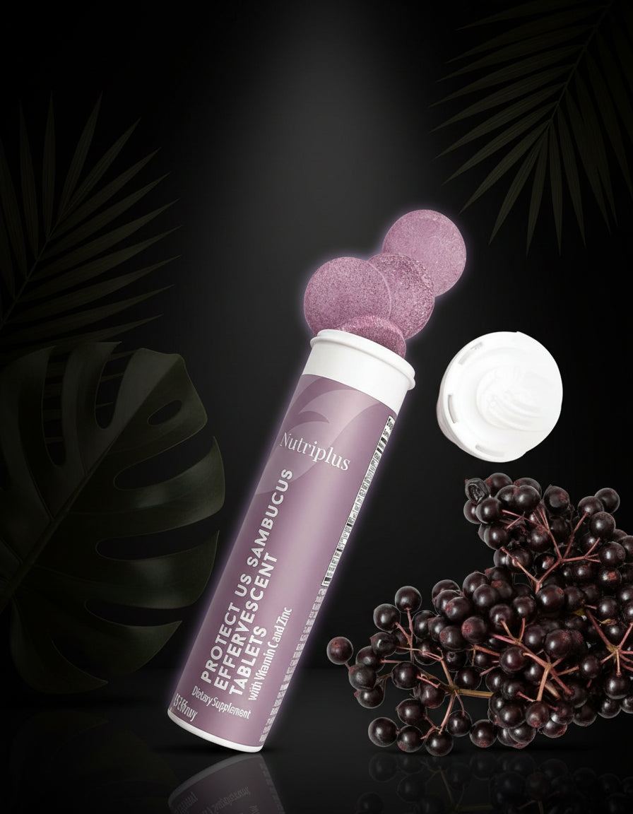 This image features Nutriplus effervescent tablets with Black Elderberry extract, designed for adult consumption. The product is presented in a sleek, purple-tinted bottle, with a clear cap showing three purple effervescent tablets.