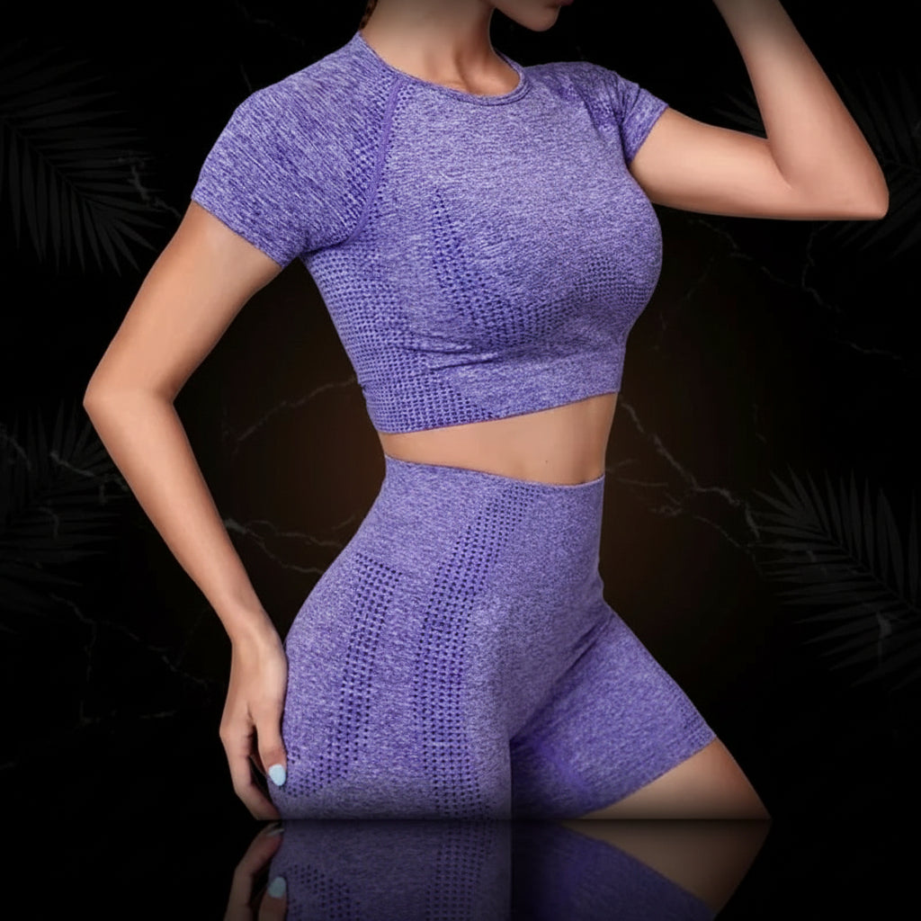 Women Seamless Yoga Outfits 2 Piece Set Workout Gym Shorts + Short Sleeve Crop Top