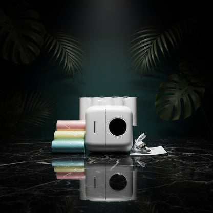 A portable mini thermal printer in pink color, showing the front, side, and back views with dimensions.