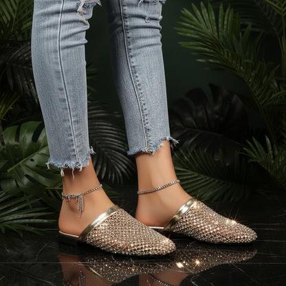Sparkling Rhinestone Mesh Flat Slippers