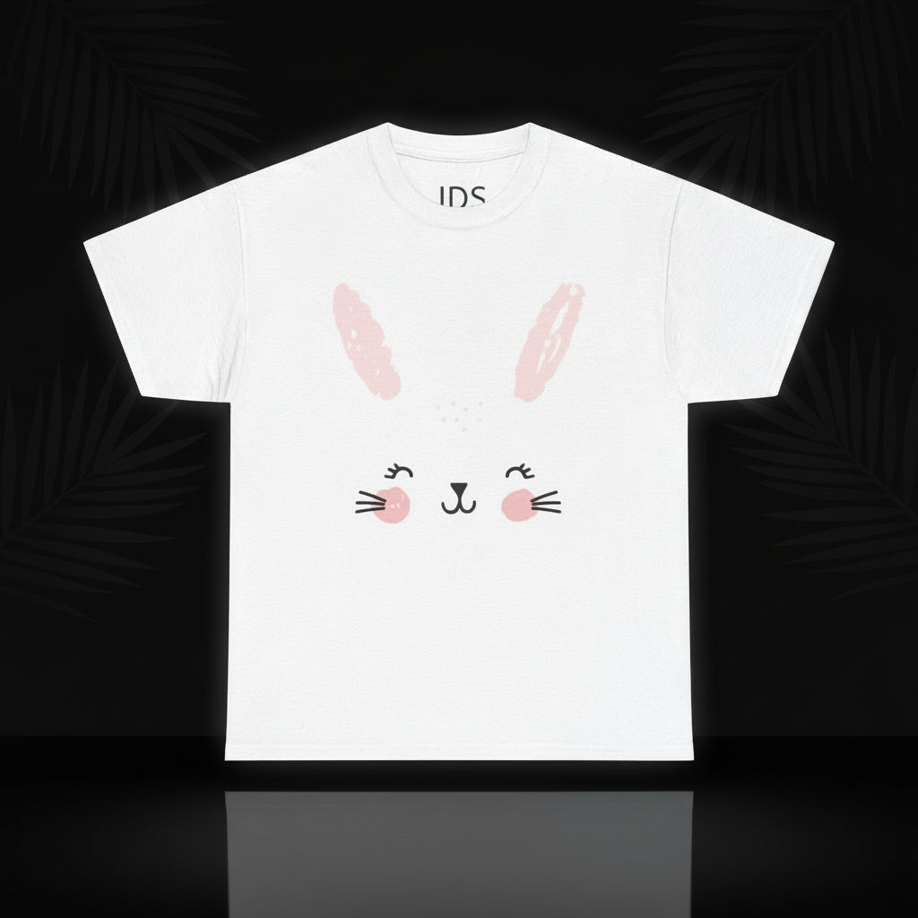 A white unisex heavy cotton tee with a printed bunny face design on the front.