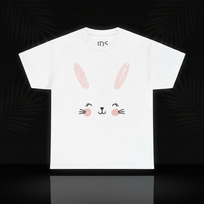 A white unisex heavy cotton tee with a printed bunny face design on the front.