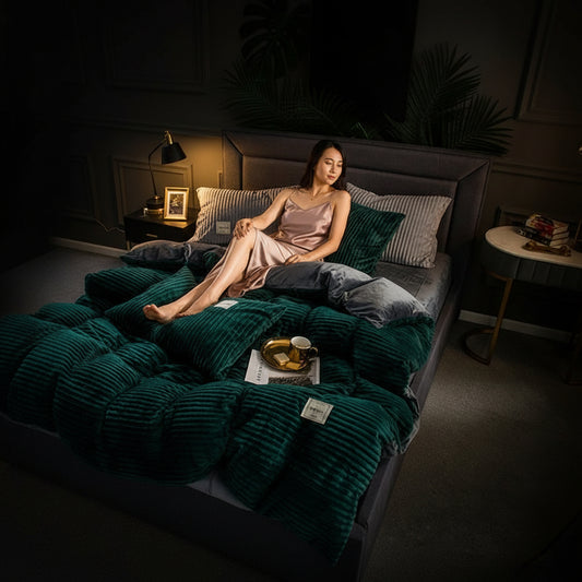 A person embracing a beige velvet duvet cover with black trimmings, displayed in a bedroom setting.