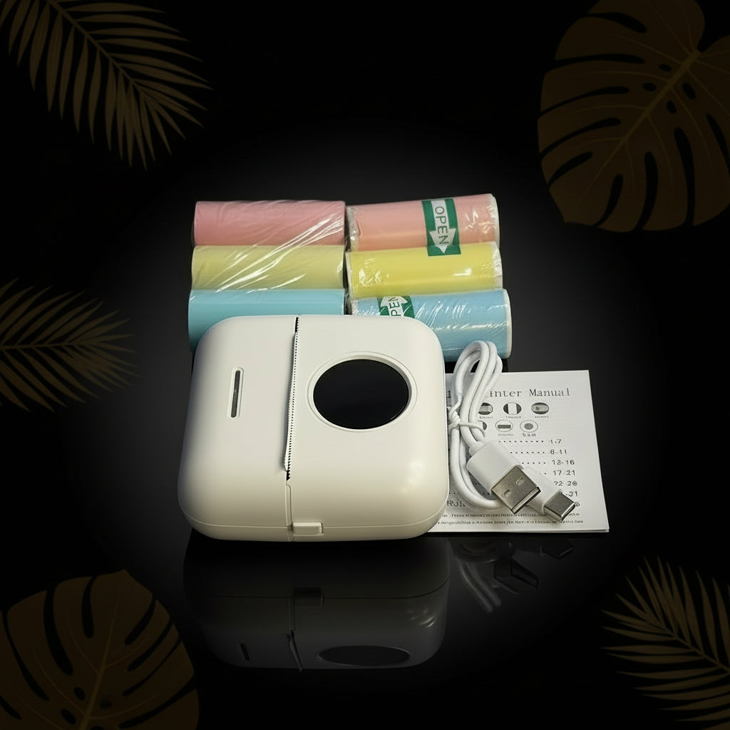 A portable mini thermal printer in pink color, showing the front, side, and back views with dimensions.