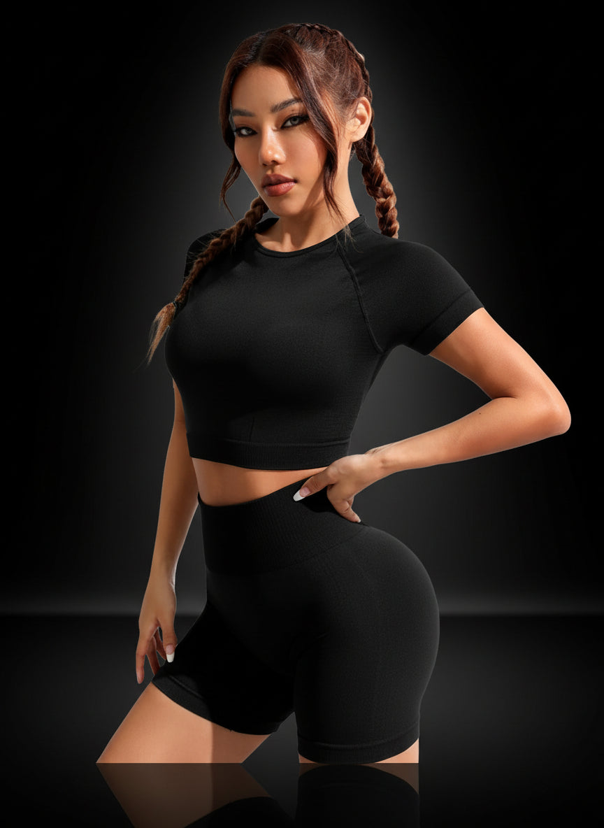 Women Seamless Yoga Outfits 2 Piece Set Workout Gym Shorts + Short Sleeve Crop Top