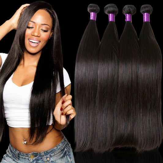 A woman displaying straight human hair extensions in three pieces with her hand. The hair extensions are long, and the woman has them in a straight line, showing their length and texture.