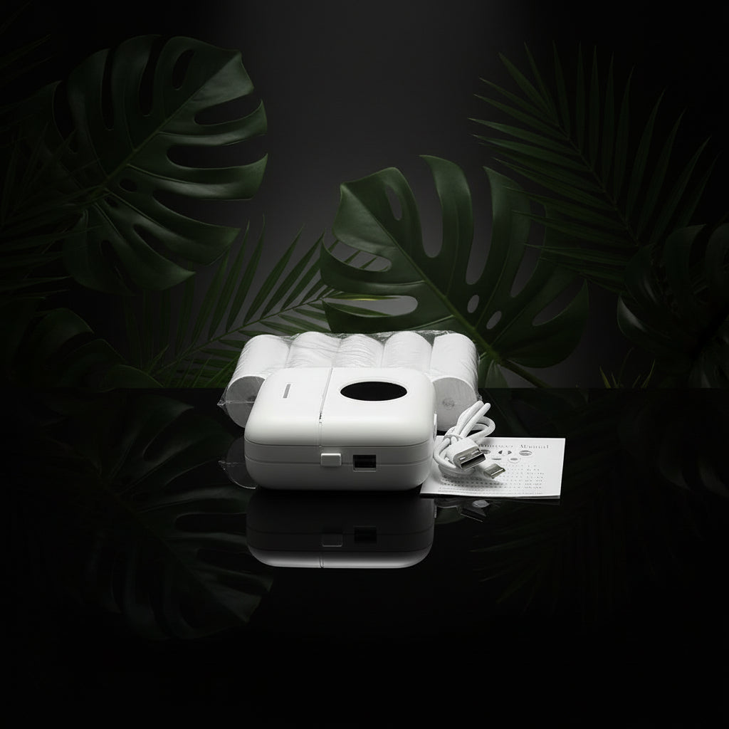 A portable mini thermal printer in pink color, showing the front, side, and back views with dimensions.