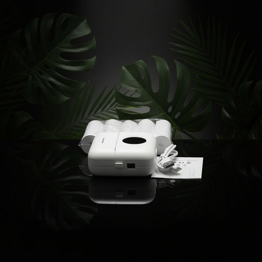 A portable mini thermal printer in pink color, showing the front, side, and back views with dimensions.