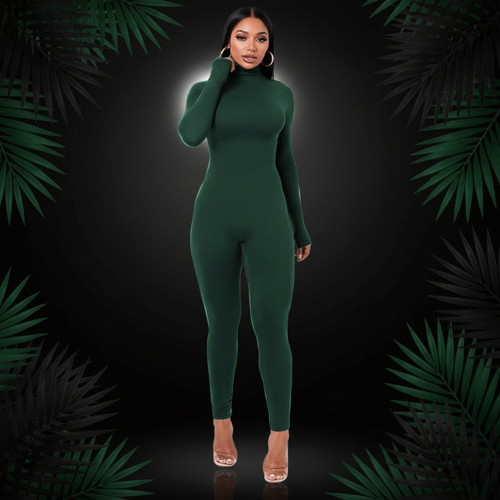 Azhong Women's Sexy Long Sleeve Turtleneck Jumpsuits Bodycon Back Zipper High Waist One Piece Casual Club Rompers