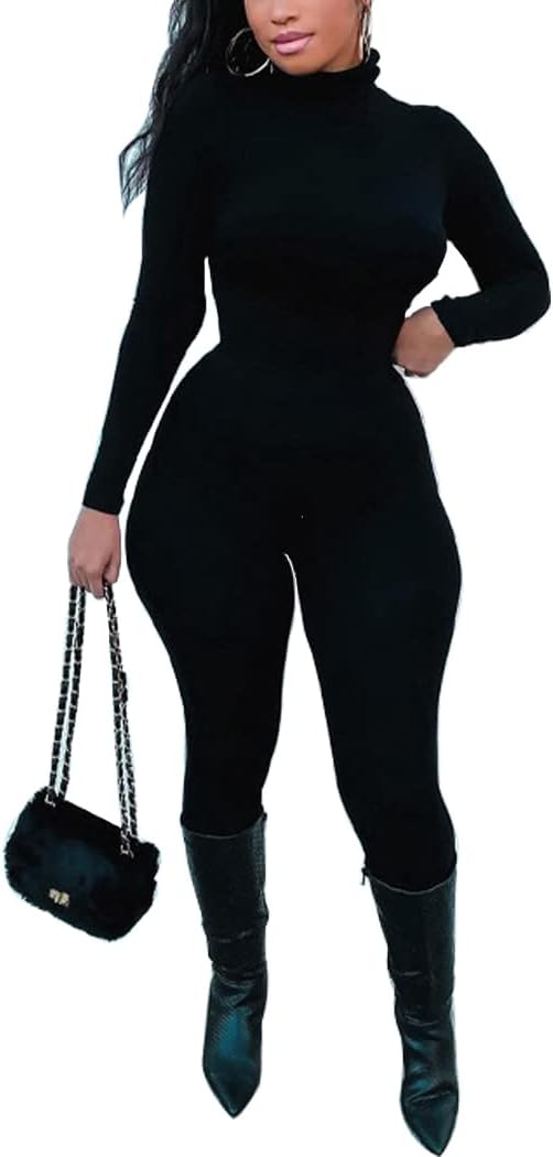 Azhong Women's Sexy Long Sleeve Turtleneck Jumpsuits Bodycon Back Zipper High Waist One Piece Casual Club Rompers