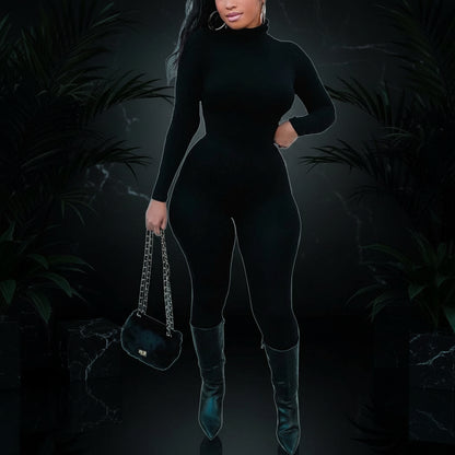 Azhong Women's Sexy Long Sleeve Turtleneck Jumpsuits Bodycon Back Zipper High Waist One Piece Casual Club Rompers