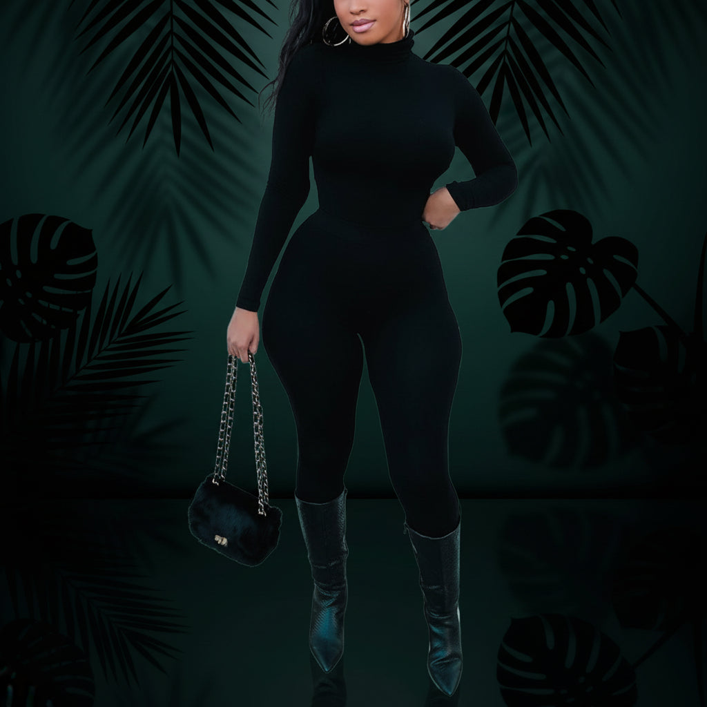 Azhong Women's Sexy Long Sleeve Turtleneck Jumpsuits Bodycon Back Zipper High Waist One Piece Casual Club Rompers