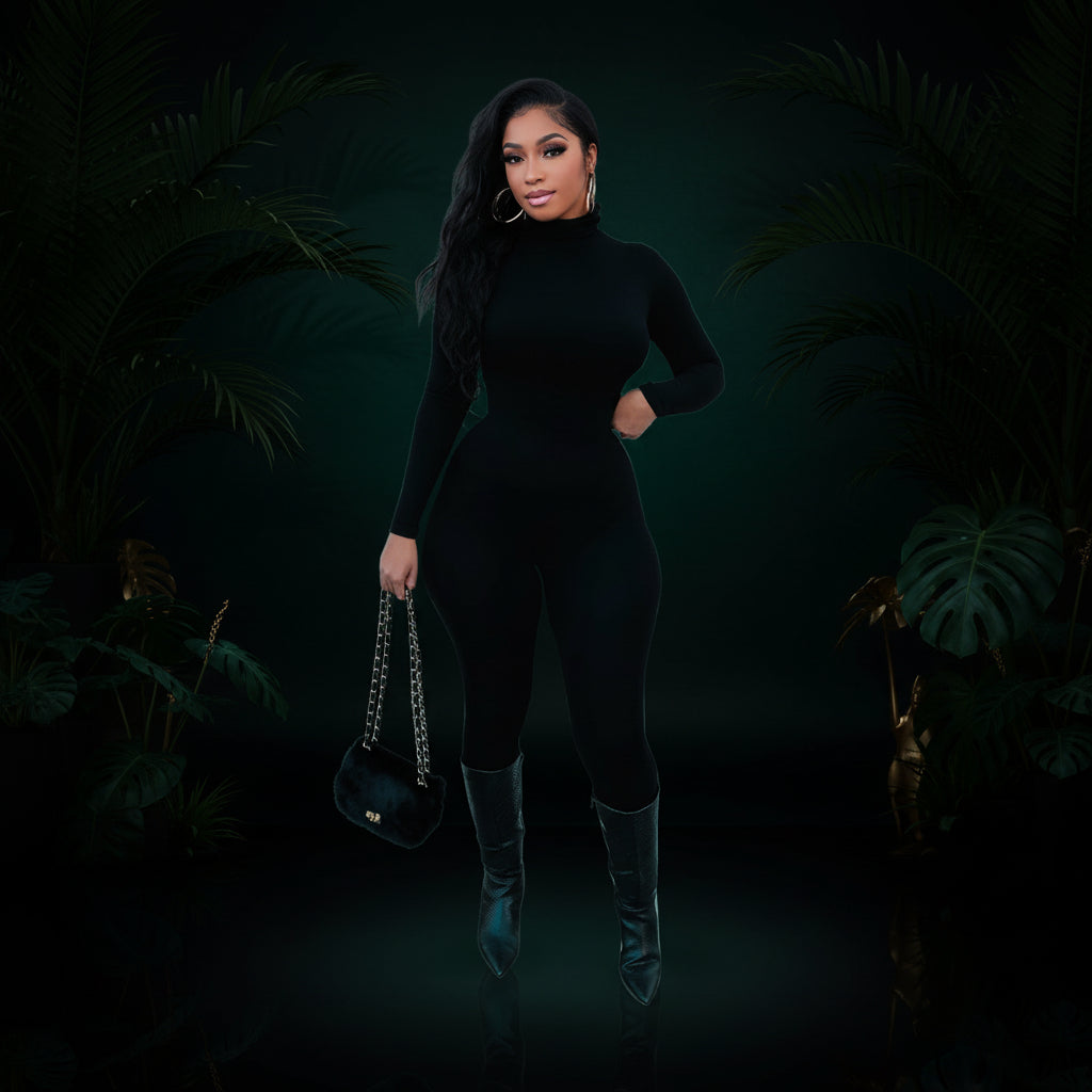 Azhong Women's Sexy Long Sleeve Turtleneck Jumpsuits Bodycon Back Zipper High Waist One Piece Casual Club Rompers