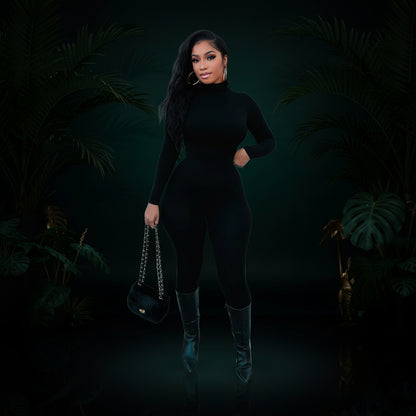 Azhong Women's Sexy Long Sleeve Turtleneck Jumpsuits Bodycon Back Zipper High Waist One Piece Casual Club Rompers