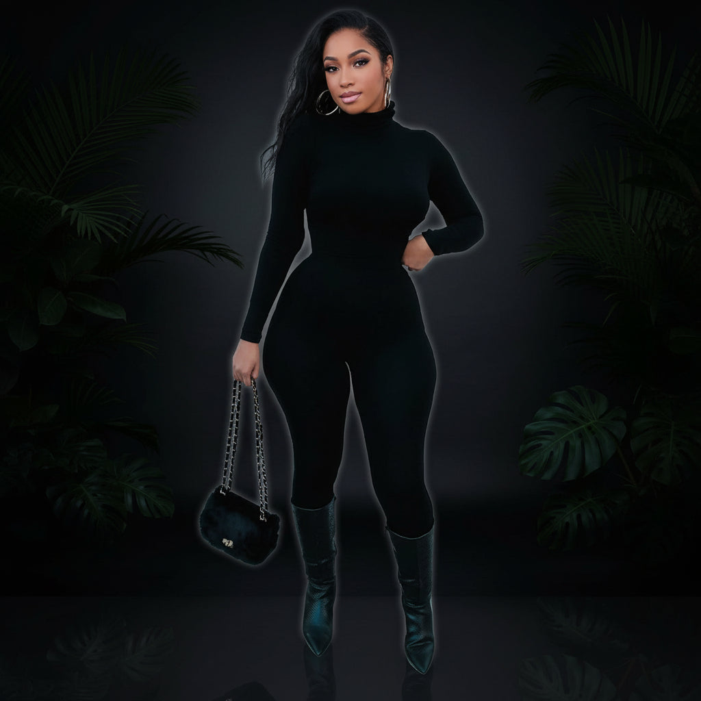 Azhong Women's Sexy Long Sleeve Turtleneck Jumpsuits Bodycon Back Zipper High Waist One Piece Casual Club Rompers