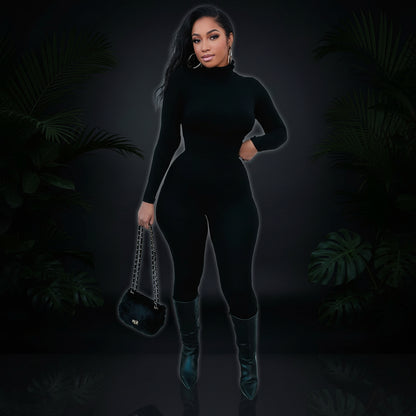 Azhong Women's Sexy Long Sleeve Turtleneck Jumpsuits Bodycon Back Zipper High Waist One Piece Casual Club Rompers