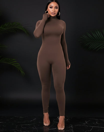 Azhong Women's Sexy Long Sleeve Turtleneck Jumpsuits Bodycon Back Zipper High Waist One Piece Casual Club Rompers