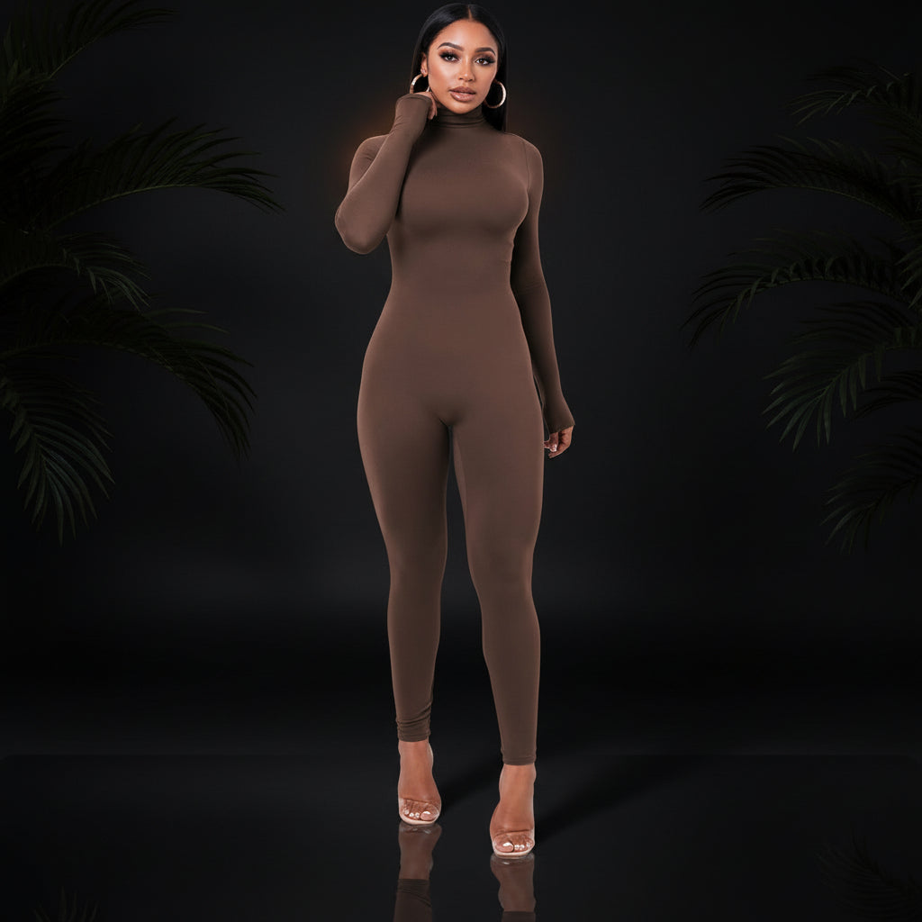 Azhong Women's Sexy Long Sleeve Turtleneck Jumpsuits Bodycon Back Zipper High Waist One Piece Casual Club Rompers