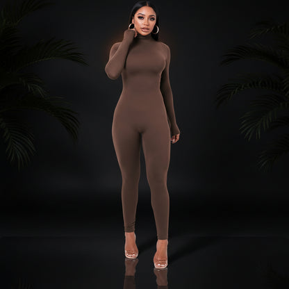 Azhong Women's Sexy Long Sleeve Turtleneck Jumpsuits Bodycon Back Zipper High Waist One Piece Casual Club Rompers