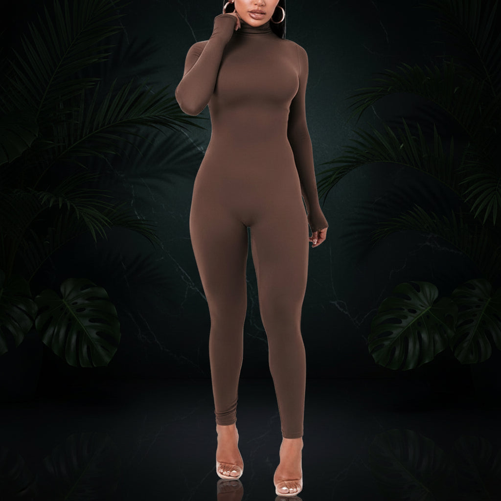 Azhong Women's Sexy Long Sleeve Turtleneck Jumpsuits Bodycon Back Zipper High Waist One Piece Casual Club Rompers