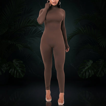 Azhong Women's Sexy Long Sleeve Turtleneck Jumpsuits Bodycon Back Zipper High Waist One Piece Casual Club Rompers