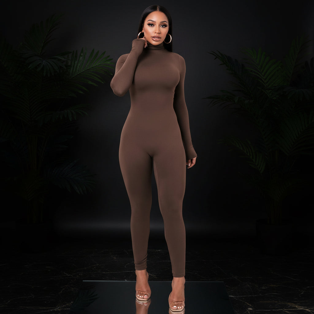 Azhong Women's Sexy Long Sleeve Turtleneck Jumpsuits Bodycon Back Zipper High Waist One Piece Casual Club Rompers