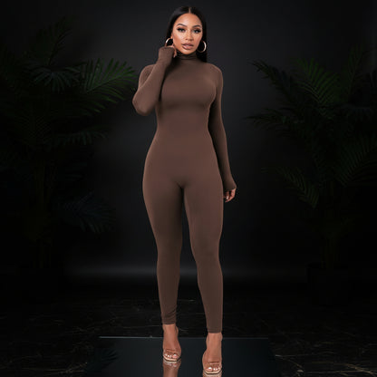 Azhong Women's Sexy Long Sleeve Turtleneck Jumpsuits Bodycon Back Zipper High Waist One Piece Casual Club Rompers