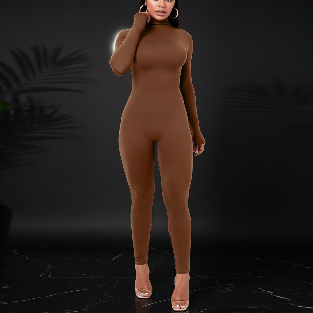 Azhong Women's Sexy Long Sleeve Turtleneck Jumpsuits Bodycon Back Zipper High Waist One Piece Casual Club Rompers