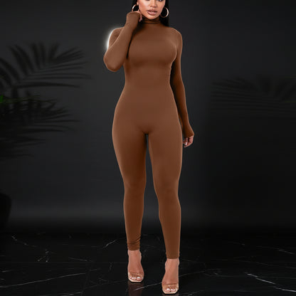 Azhong Women's Sexy Long Sleeve Turtleneck Jumpsuits Bodycon Back Zipper High Waist One Piece Casual Club Rompers