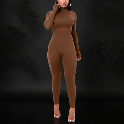 Azhong Women's Sexy Long Sleeve Turtleneck Jumpsuits Bodycon Back Zipper High Waist One Piece Casual Club Rompers