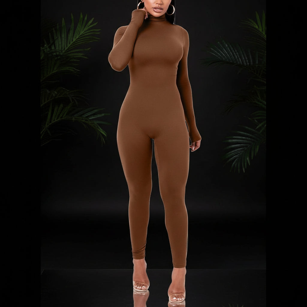 Azhong Women's Sexy Long Sleeve Turtleneck Jumpsuits Bodycon Back Zipper High Waist One Piece Casual Club Rompers
