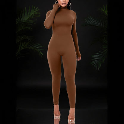 Azhong Women's Sexy Long Sleeve Turtleneck Jumpsuits Bodycon Back Zipper High Waist One Piece Casual Club Rompers