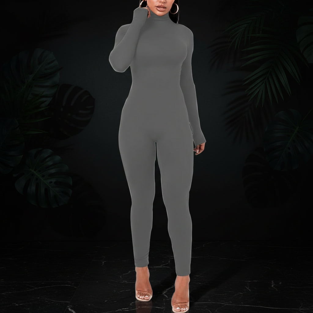 Azhong Women's Sexy Long Sleeve Turtleneck Jumpsuits Bodycon Back Zipper High Waist One Piece Casual Club Rompers