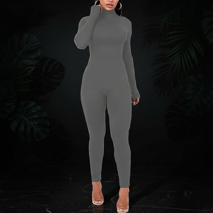 Azhong Women's Sexy Long Sleeve Turtleneck Jumpsuits Bodycon Back Zipper High Waist One Piece Casual Club Rompers