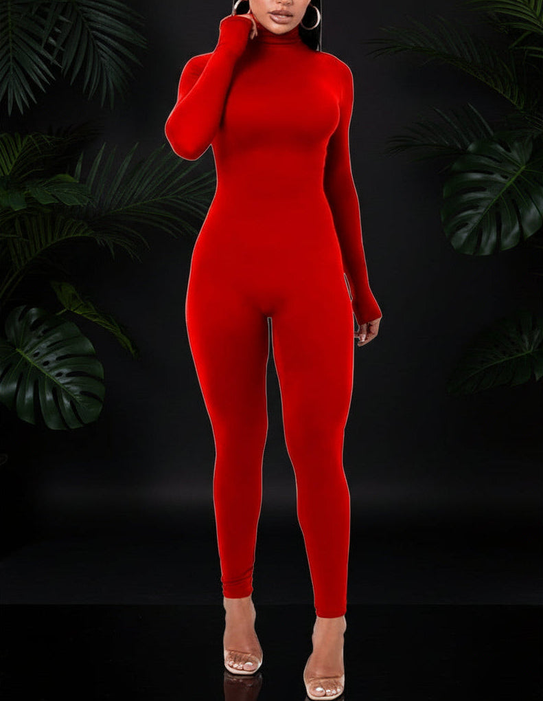 Azhong Women's Sexy Long Sleeve Turtleneck Jumpsuits Bodycon Back Zipper High Waist One Piece Casual Club Rompers