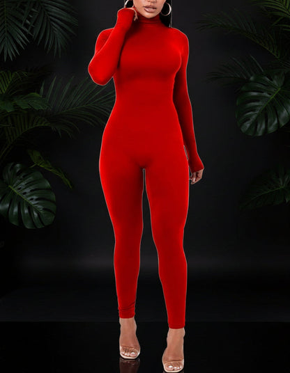 Azhong Women's Sexy Long Sleeve Turtleneck Jumpsuits Bodycon Back Zipper High Waist One Piece Casual Club Rompers