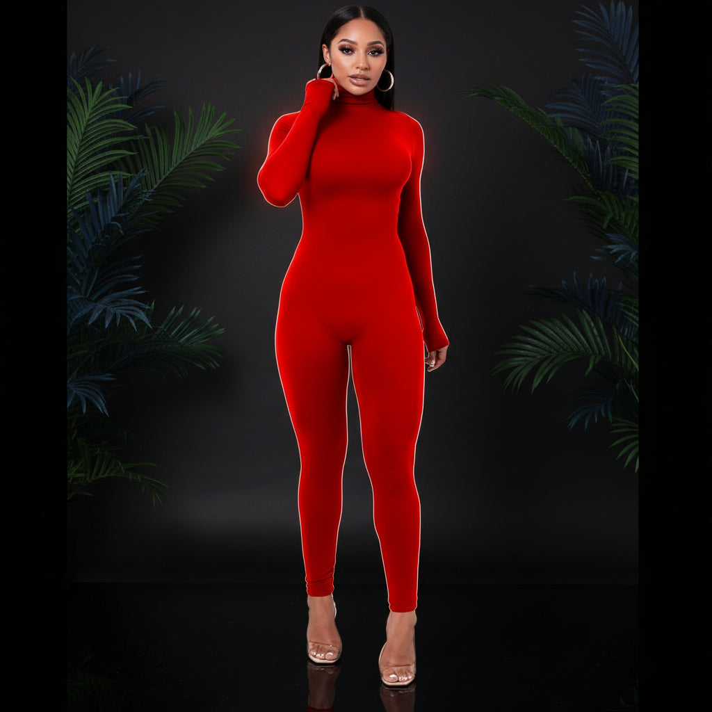 Azhong Women's Sexy Long Sleeve Turtleneck Jumpsuits Bodycon Back Zipper High Waist One Piece Casual Club Rompers