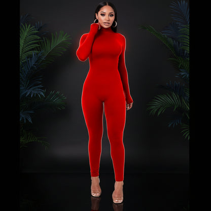 Azhong Women's Sexy Long Sleeve Turtleneck Jumpsuits Bodycon Back Zipper High Waist One Piece Casual Club Rompers