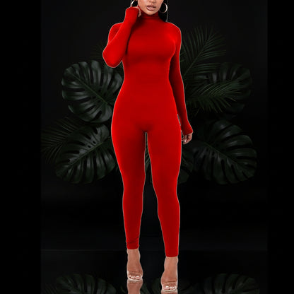Azhong Women's Sexy Long Sleeve Turtleneck Jumpsuits Bodycon Back Zipper High Waist One Piece Casual Club Rompers
