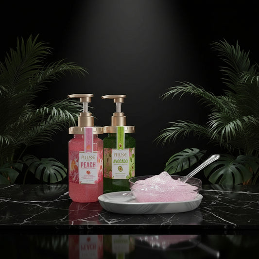 AILKE Peach Shower Gel Women Body Wash Care Best Moisturizing Exfoliating Brightening Scrub Fragrant Shampoo Bath Foam Female