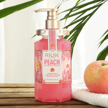 AILKE Peach Shower Gel Women Body Wash Care Best Moisturizing Exfoliating Brightening Scrub Fragrant Shampoo Bath Foam Female